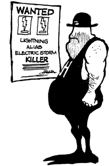 Mr. Hazards looking at wanted poster for lightning that says 'Lightning, alias Electric Storm, KILLER'