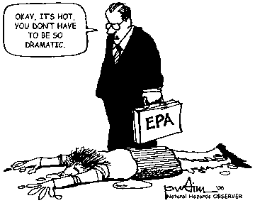 Person melting on sidewalk with EPA official saying "Okay, it's hot. You don't have to be so dramatic."