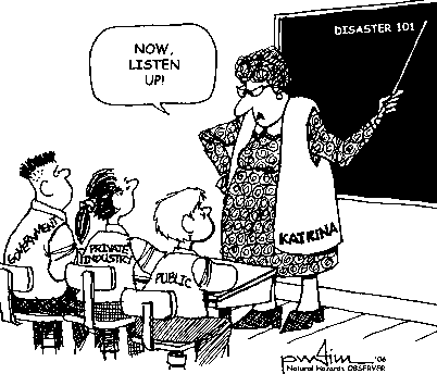 Teacher teaching Disaster 101 to school kids labeled "government,"" private industry," and "public."