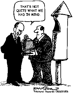 Man showing Chertoff a bell and whistle, Chertoff saying "That's not quite what we had in mind"