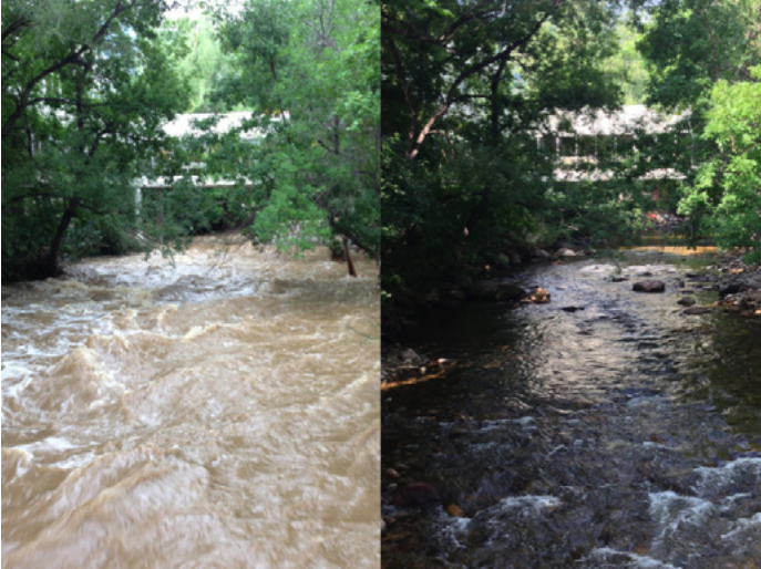 Pic 3. Comparison picture of Boulder Creek near the city’s public library taken on September 14th, 2013 (left), and nearly a year after on August 13th, 2014 (right). © Jamie Vickery