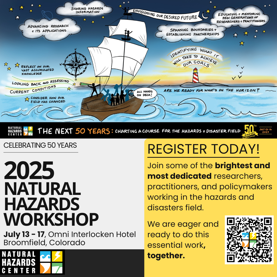 We hope to see you this summer! Register for the 50th annual Natural Hazards Workshop today.