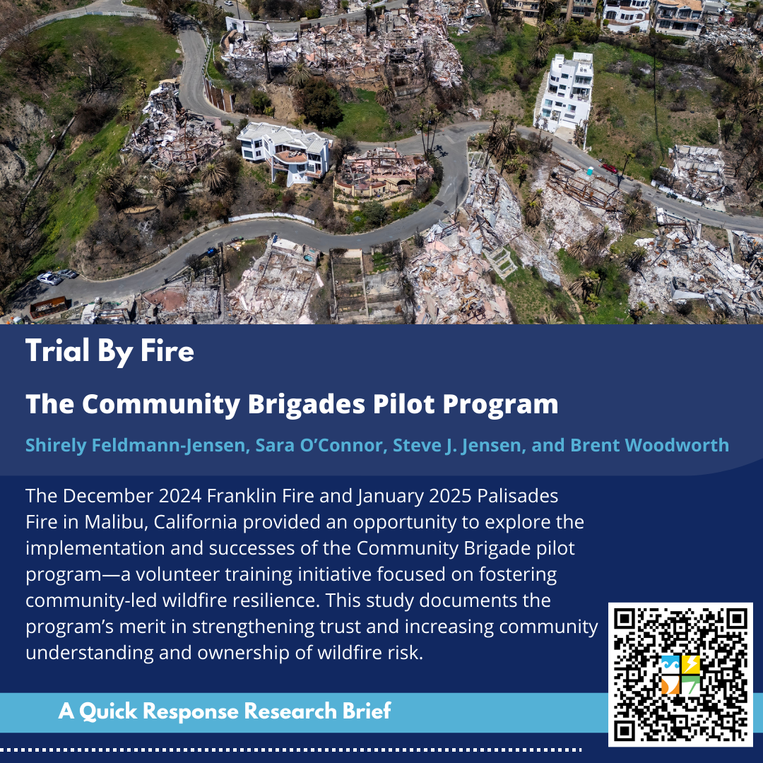 The Community Brigade pilot program was created to strengthen wildfire preparedness, response, and resilience in Malibu, California. The latest Quick Response study explores the program's success during recent wildfires.