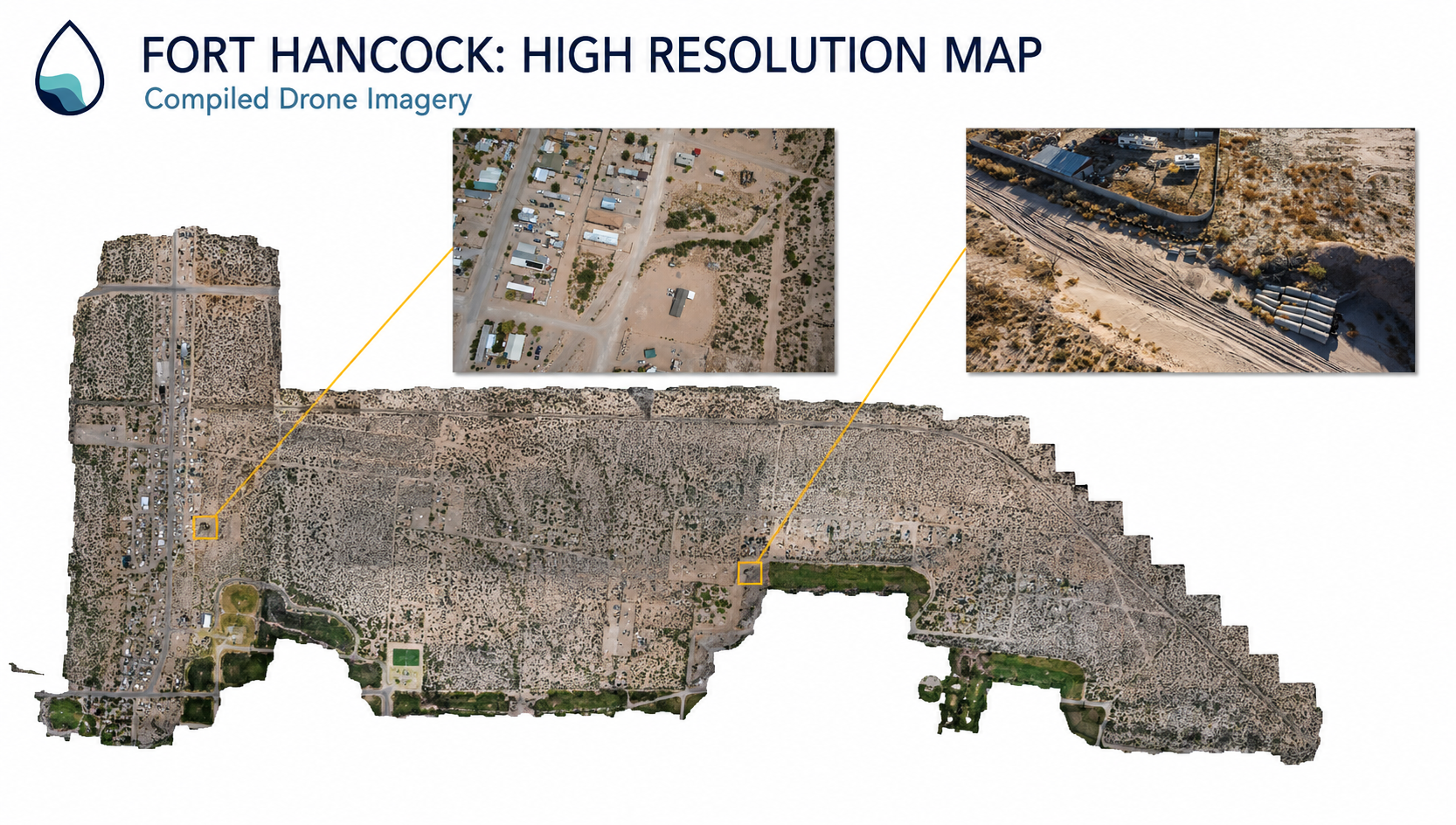 A high resolution map of Fort Hancock, Texas, created using compiled drone imagery. The inset images show arroyos that have to potential to flood. Source: Institute for a Disaster Resilient Texas.