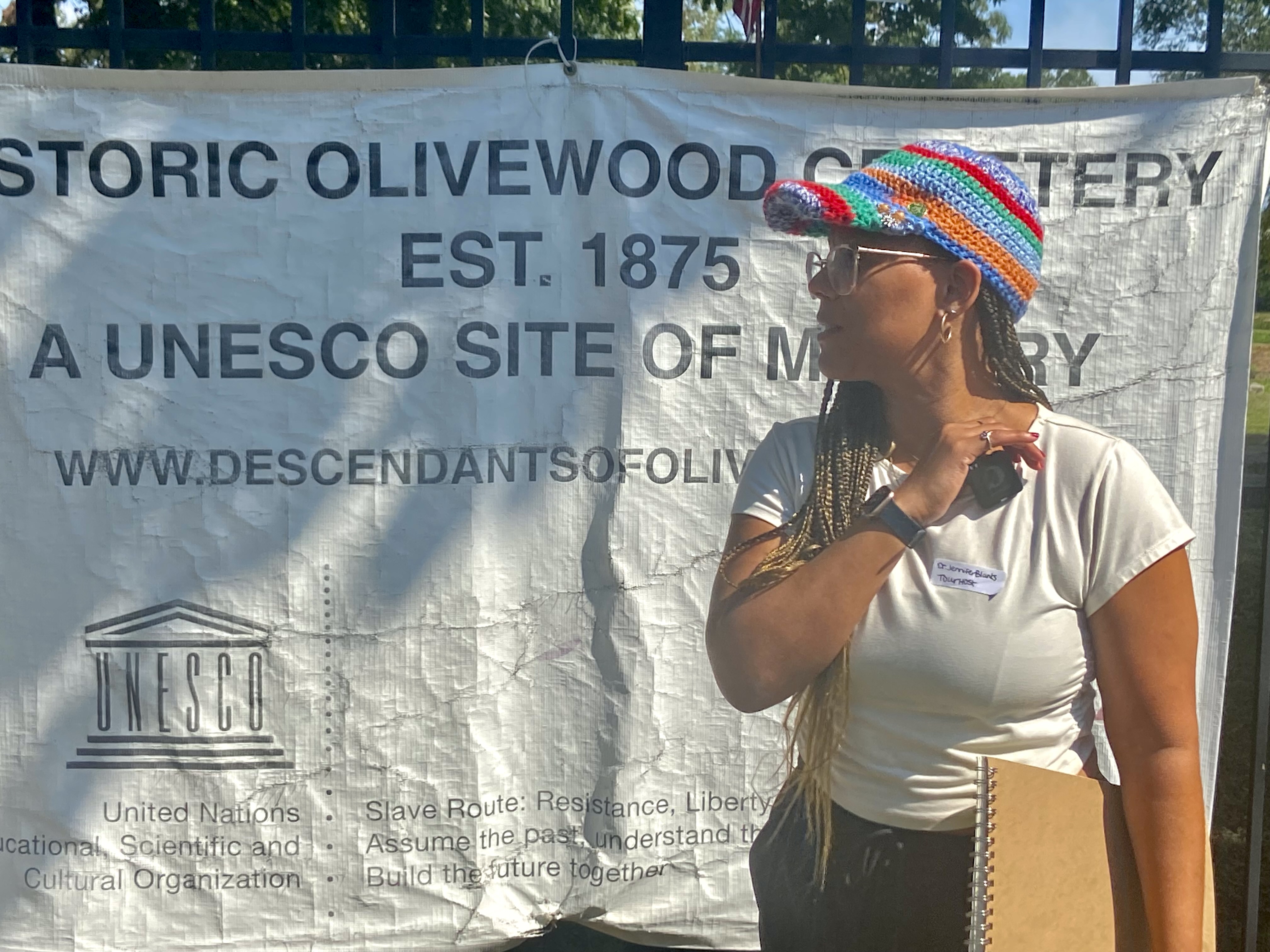 The author, Jennifer Rochon Blanks, leads an environmental justice tour at Olivewood Cemetery. Source: Jennifer Rochon Blanks.
