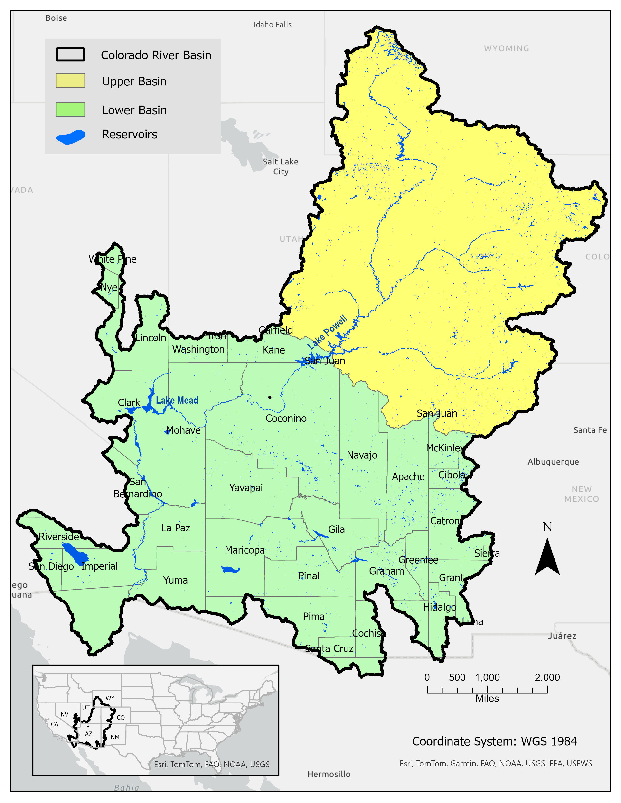 A map of the Colorado River Basin (CRB) showing the Upper and Lower Basins and the counties within the Lower Basin.