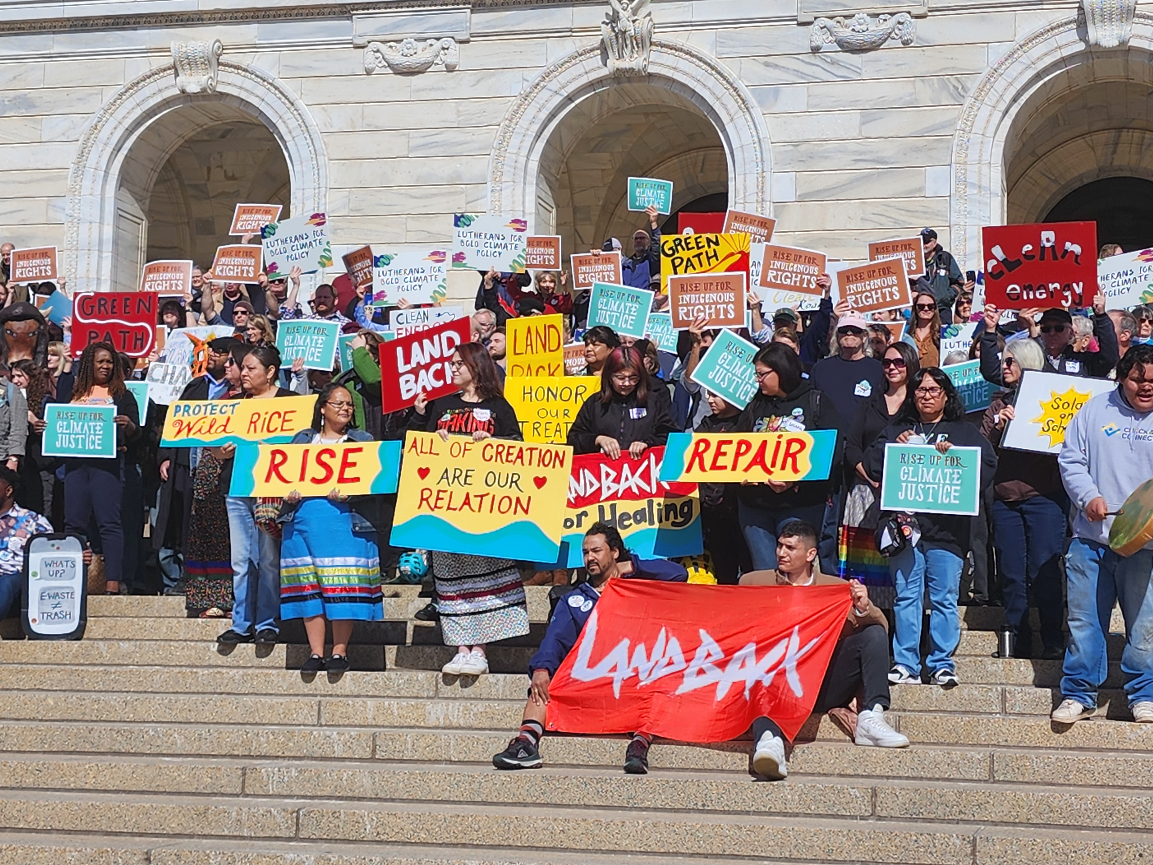 Line 3 protestors gather on the steps