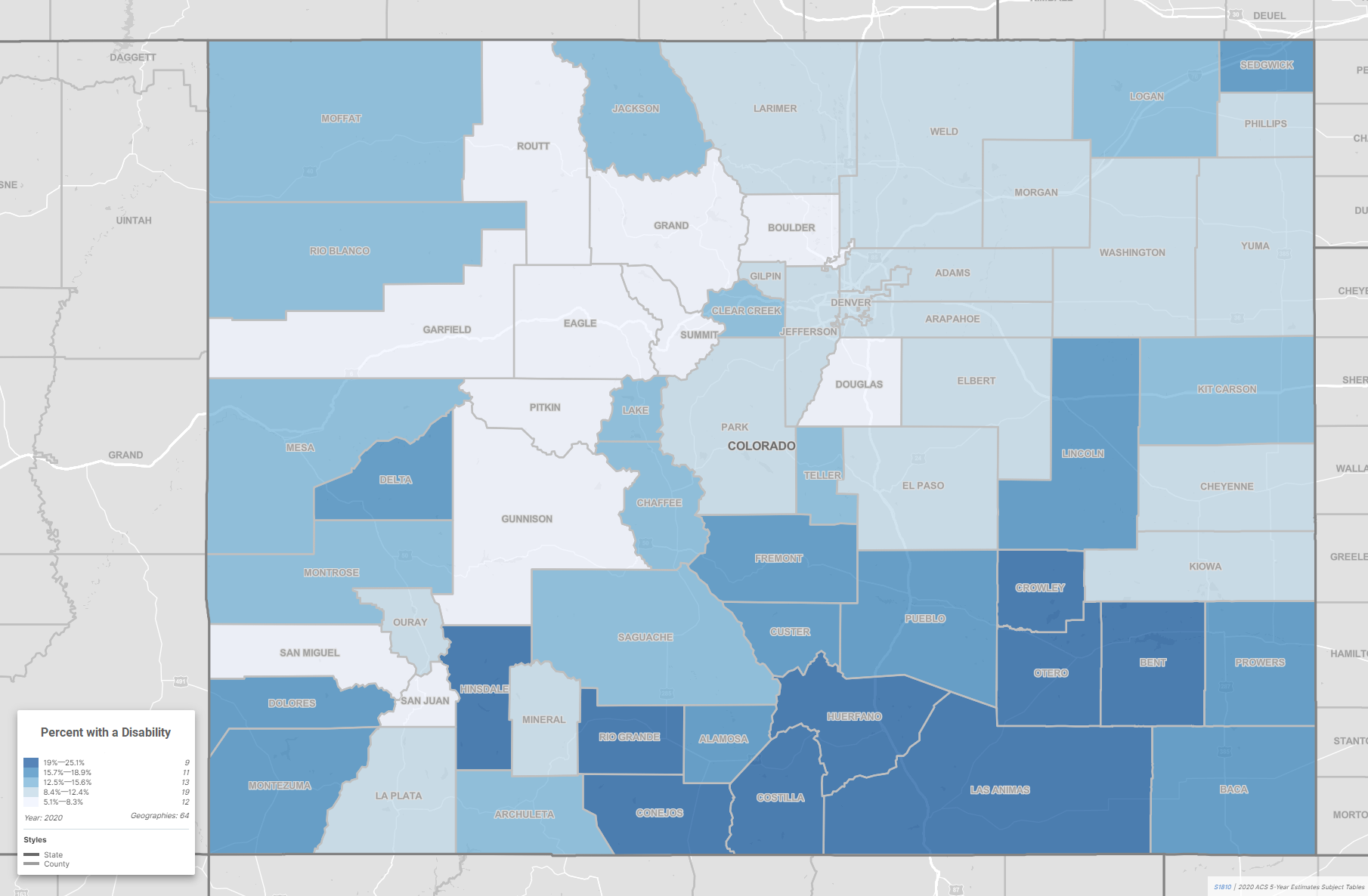 A choropleth map of Colorado showing the percent of people with disabilities by county. Southeast and South-Central Colorado have the highest concentration of people with disabilities while the West-Central and North-East have the lowest. The legend is in the lower left corner of the map, showing that nine counties have the highest concentration of people with disabilities ranging from 18% - 25.1%, and twelve counties with the lowest concentration with 5.1%-8.3%.
