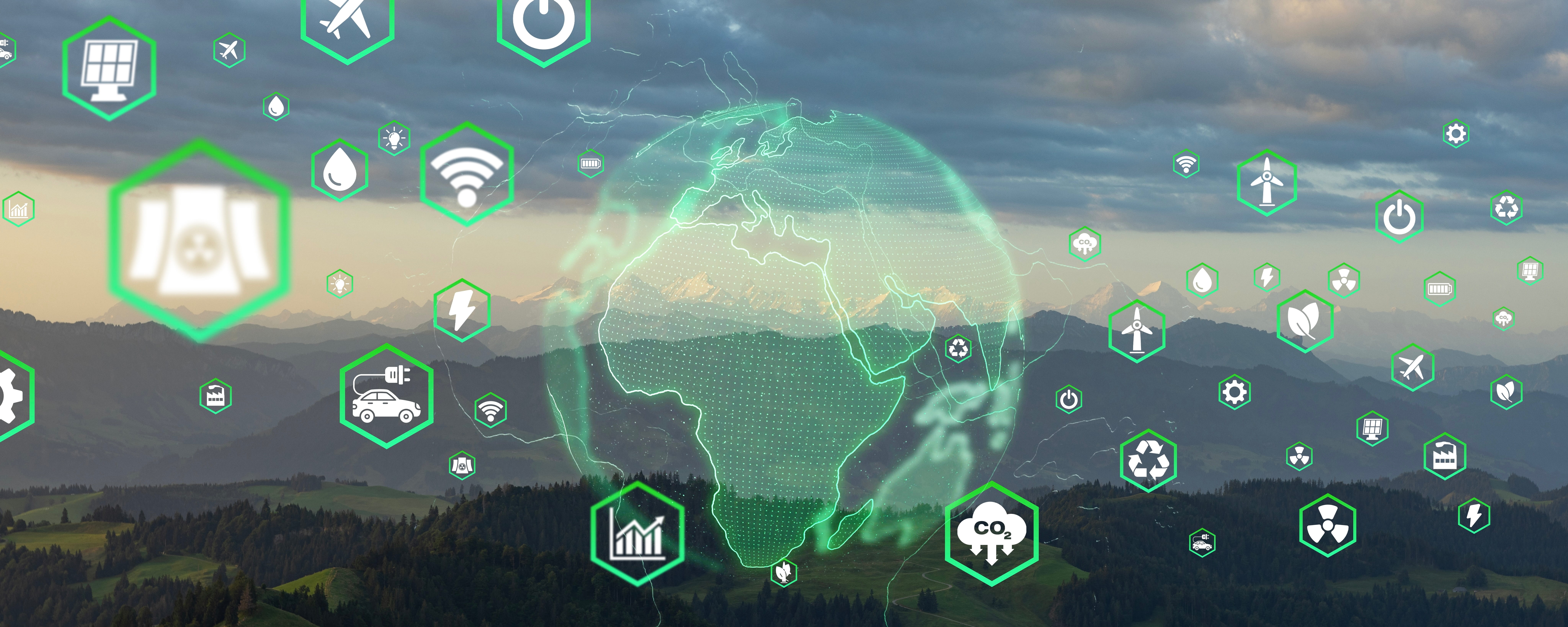 A green globe over a landscape, surrounded by icons representing sustainability concepts