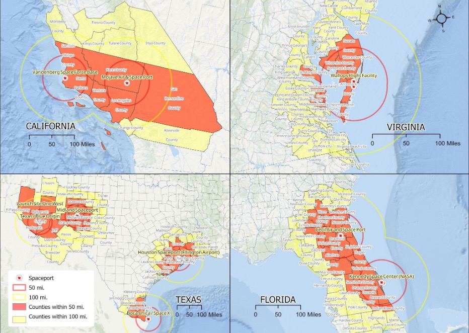 This map shows rocket launch sites and at-risk counties in California, Florida, Texas, and Virginia.