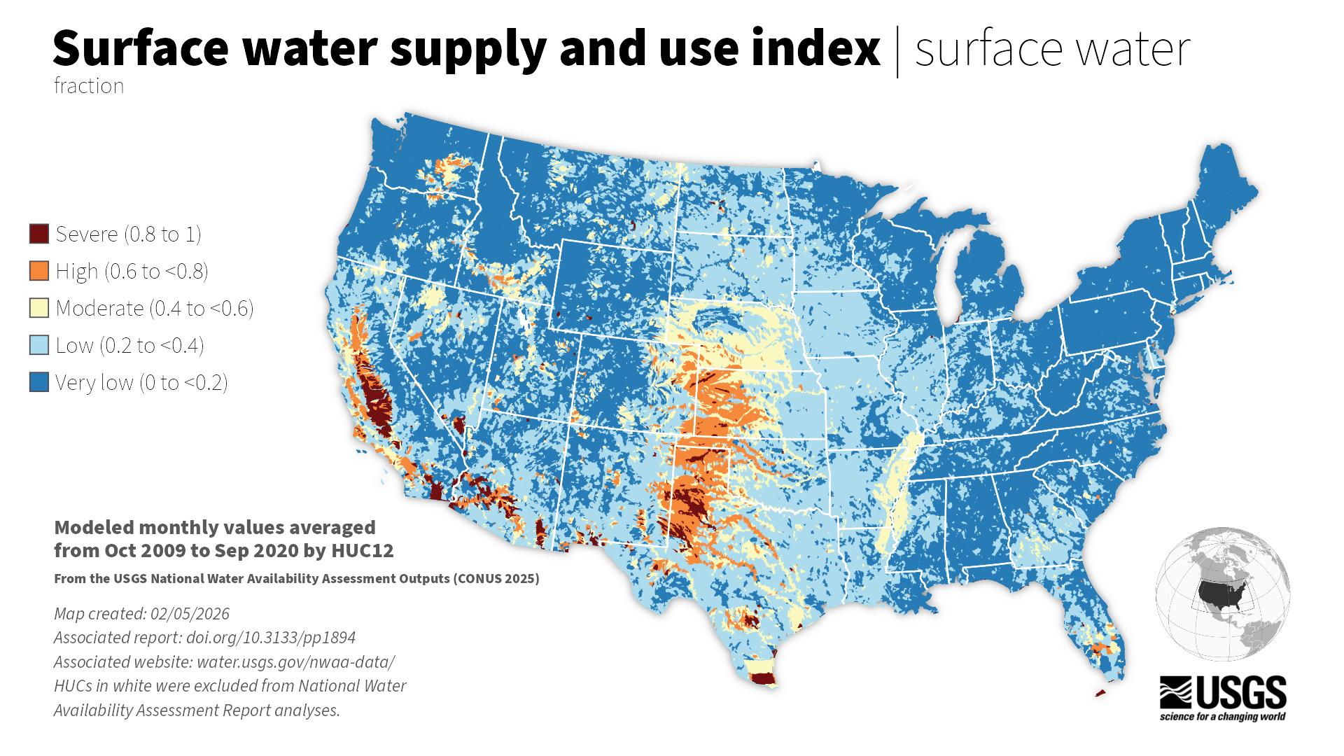Average decadal surface water-supply and use index represents the imbalance between natural supply and consumptive water use for each watershed across the lower 48 states, water years 2010–2020.