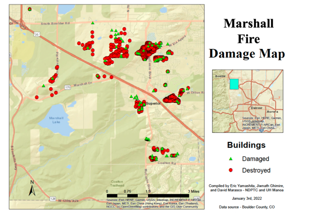 Map of Displaying Marshall Fire Damaged and Destroyed Buildings