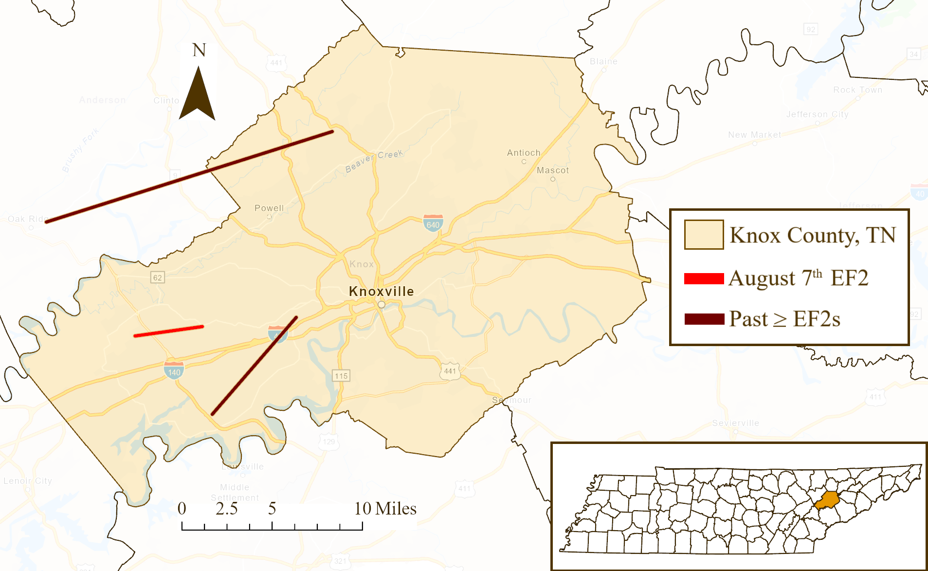 Map of Knox County with the city of Knoxville in the center. To the west and northwest are the paths of three significant tornadoes on record. The August 7 event